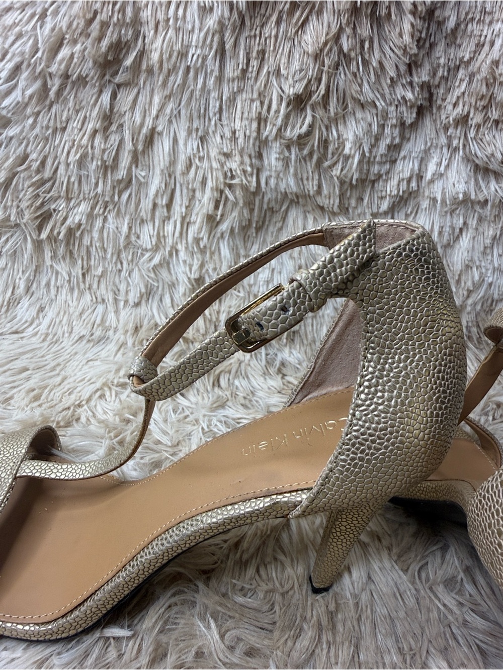 NWT CALVIN KLEIN Gold T-Strap High Heel Sandals - Picture 6 of 12